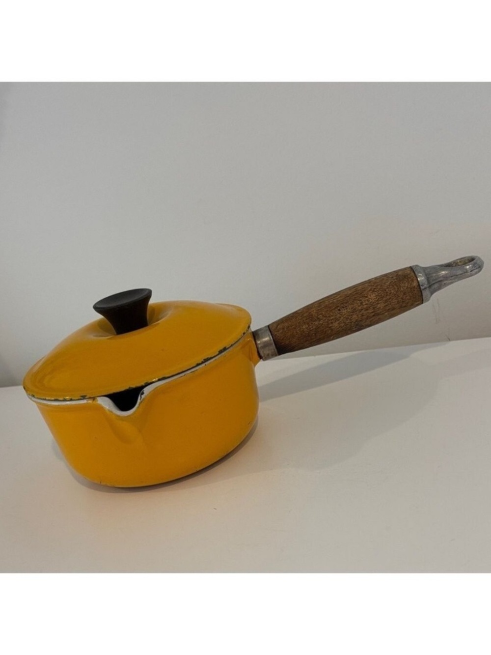 LE CREUSET vintage saucepan #14 cast iron wood handle marigold made in France